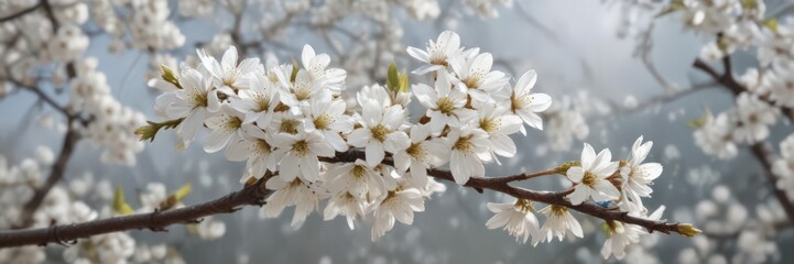 Delicate white cherry blossoms frame a spring scene ,  frame,  minimalist