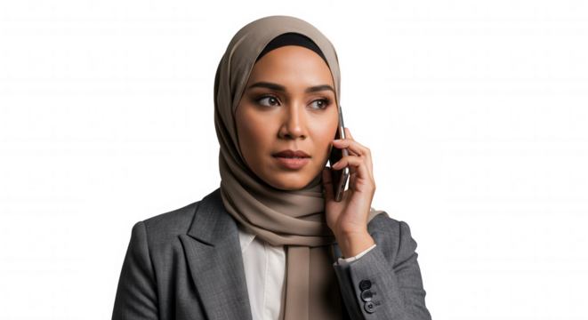Female professional on phone call in gray blazer and beige hijab, transparent background
