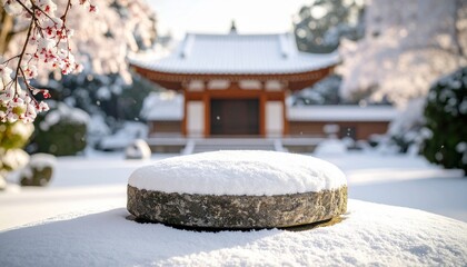 Snowy Japanese garden with temple backdrop