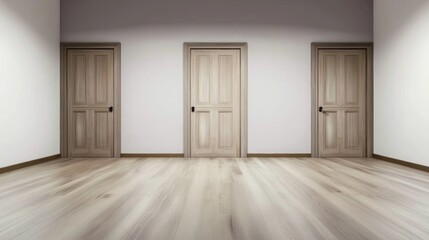 Three wooden doors stand in a minimalist room with light wood flooring and neutral walls during daylight