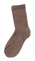 Pair of brown socks isolated on white, top view