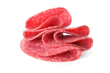 Slices of tasty smoked sausage isolated on white