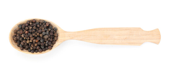 Aromatic peppercorns in wooden spoon isolated on white, top view