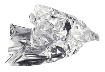 Piece of crumpled shiny aluminum foil isolated on white, top view