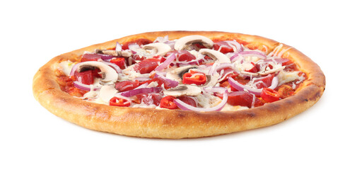 Tasty pizza with smoked sausages and mushrooms isolated on white