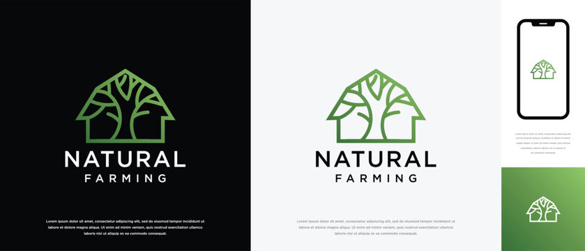 Nature tree farm house logo design. Nature leaf farm logo template. Farming and ranch logo symbol icon