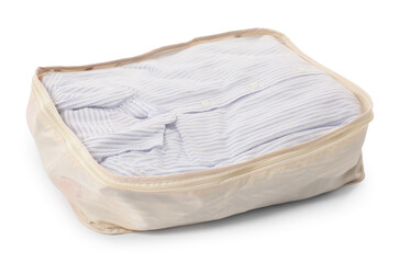 One packing cube with folded clothes isolated on white