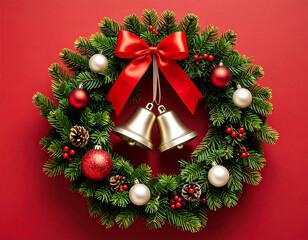 A beautifully decorated Christmas tree and a festive wreath with red ribbons welcome the holiday season