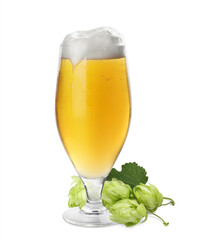 Fresh beer in glass and hop flowers on white background