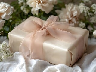 A beautifully wrapped gift sits on a white linen cloth surrounded by delicate blush pink and white flowers.