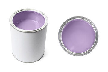 Pastel purple paint in can isolated on white. Top and side view