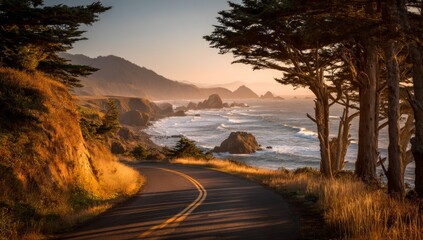 Coastal Highway Winding Through Golden Hour Sunset Landscape
