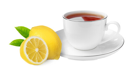 Tea in cup and fresh lemons on white background
