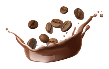 Aromatic coffee splash with roasted beans in air on white background