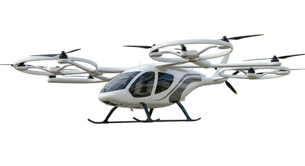 A futuristic white passenger drone with four rotors isolated on white background