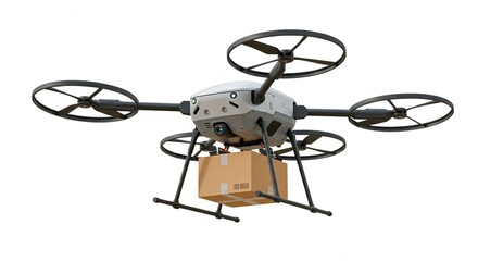 Isolated drone carrying a package against a white background in the studio
