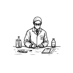 Sketch of a Scientist in Lab Coat at Desk Analyzing Data with Supplies
