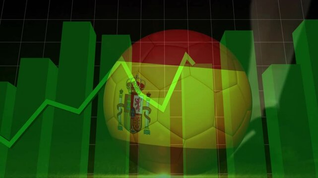 Green 3D bars rising, neon green line tracing rotating Spain-flagged ball on grid showing trends