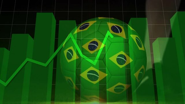 On start bars rising behind stylized Brazil ball and line chart undulating to show soccer data