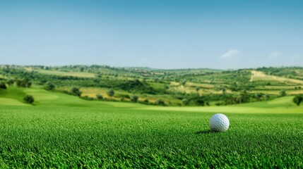 Golf Ball on Green Grass with Scenic View of Rolling Hills and Clear Blue Sky in Background Providing Serenity and Calmness for Outdoor Recreation
