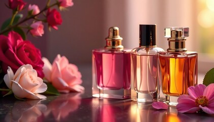 Elegant perfume bottles, showcasing distinct scent profiles , artistic, aesthetic