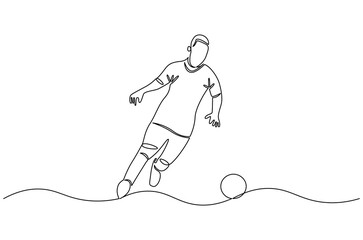 Continuous one line drawing of Soccer player in action. Single line drawing illustration of Football player dribble with a ball. World Football Day concept vector art. Doodle line illustration.