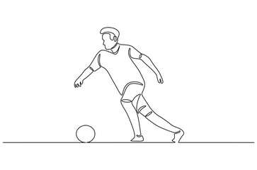 Continuous one line drawing of Soccer player in action. Single line drawing illustration of Football player dribble with a ball. World Football Day concept vector art. Doodle line illustration.