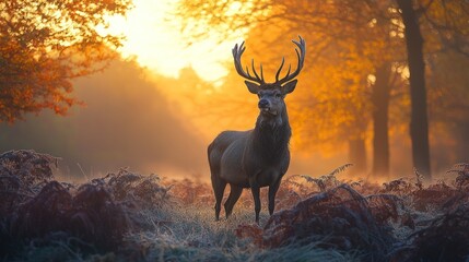 Naklejka premium Majestic stag in autumnal sunrise