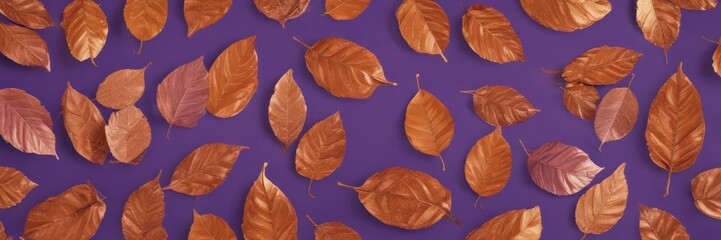 Obraz premium Dried orange metallic leaves, violet backdrop Geometric leaf pattern , orange, overlay