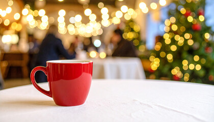 Fototapeta premium A red coffee mug on a white tablecloth in a cozy café with bokeh lights and people in the background