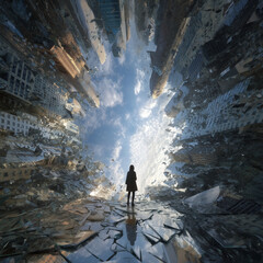 Obraz premium person standing in a city that appears shattered like glass