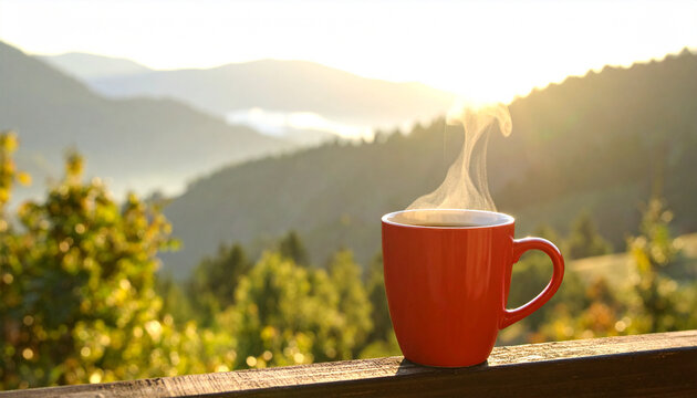 Steaming red coffee cup on a balcony railing, overlooking a misty mountain valley at sunrise
