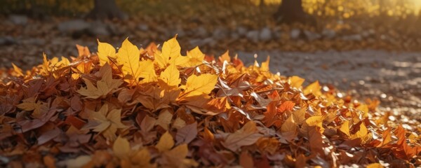 Golden hour light illuminates vibrant autumn leaf pile, clear negative space, photography, element