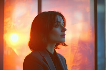 A woman with bob haircut, gazing at a vibrant sunset through a window.
