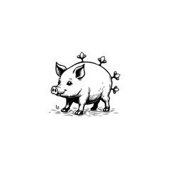 Whimsical porcine illustration adorned with decorative floral elements around back