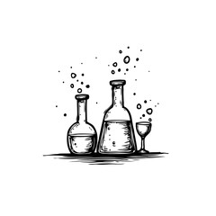 Stylized sketch of laboratory glassware with swirling concoctions for science illustrations