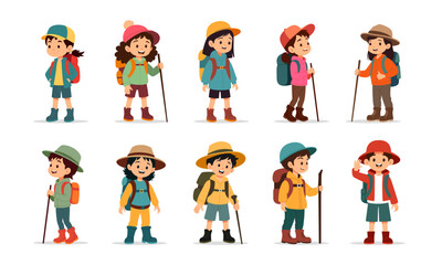 Kids hiking characters graphic vector illustration set