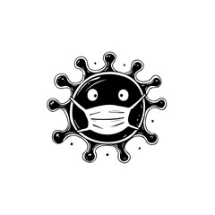 Humorous depiction of a virus wearing protective mask, in black and white drawing