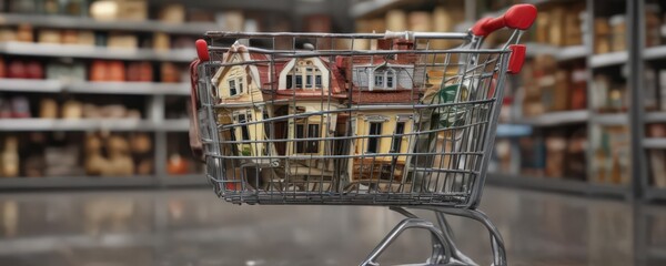 Miniature house model nestled in a grocery shopping cart ,  cart,  online store