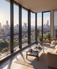 Sun-drenched modern apartment, panoramic city view,  home decor,  contemporary