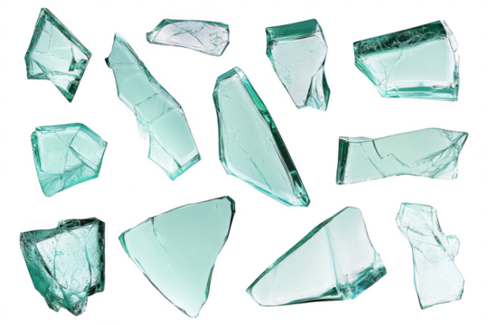 Collection of sharp broken glass pieces and shattered green glass shards arranged randomly isolated on a transparent background