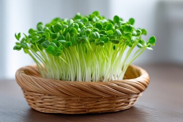 Close up of fresh green sprouts growing in a small woven basket on a brown surface