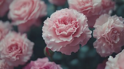 A cluster of delicate light pink carnations blossoms in a soft-focus garden setting showcasing their ruffled petals and gentle beauty.