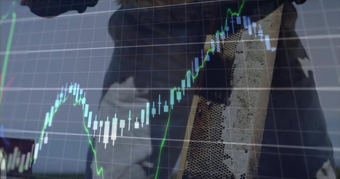 Beekeeper lifting honeycomb frame in field activating finance chart and scraping comb for analytics