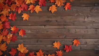 Vibrant red & orange maple leaves scattered on rustic wood ,  backdrop,  brown