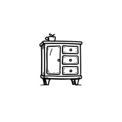 Minimalist illustration of a small wooden cabinet with drawers and a plant pot