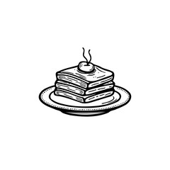 Monochrome depiction of a stack of pancakes on a plate with topping detail