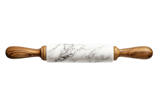 Elegant marble rolling pin with carved wooden handles isolated on a transparent background