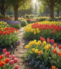 Vibrant tulips, daffodils, hyacinths in sunlit garden, colorful, botanical