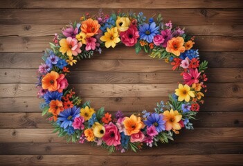 Vibrant watercolor floral circle, aged wooden texture ,  floral wreath,  blooming